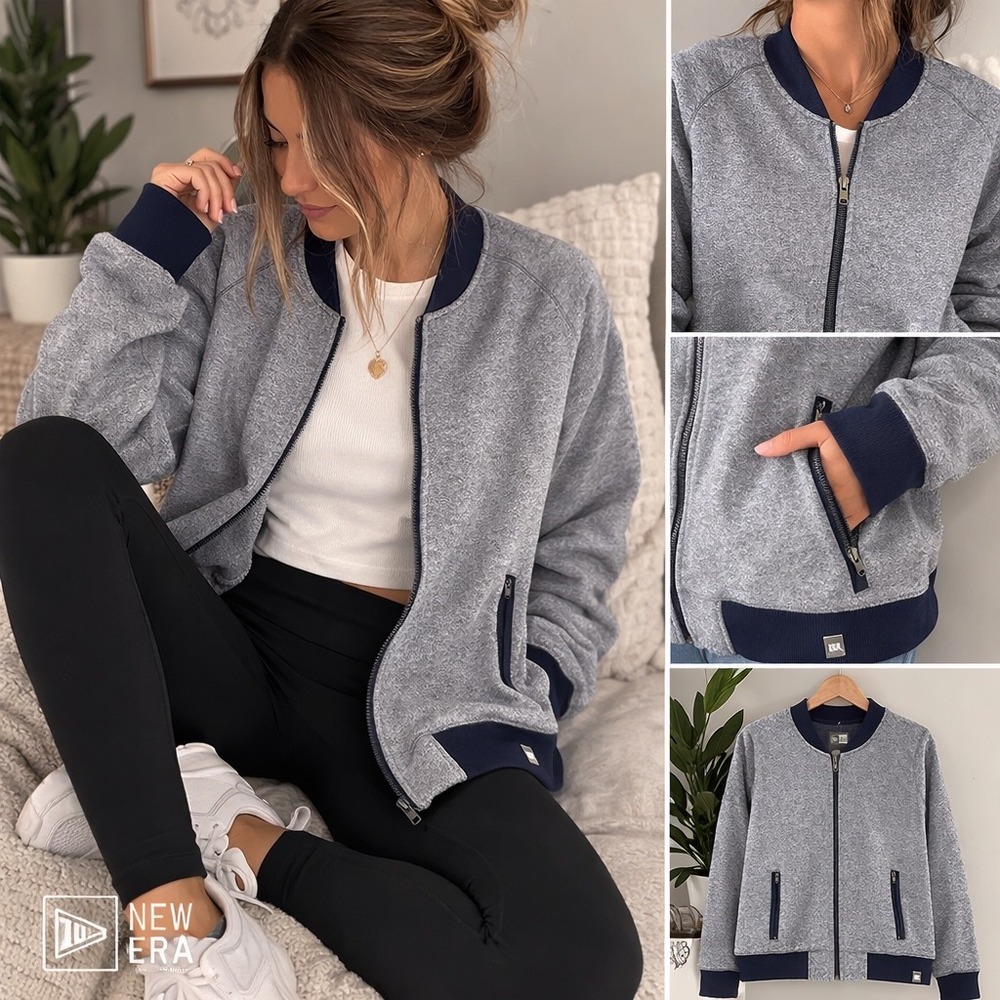 New Era Women's‎ Bomber Jacket Gray Blue Zip Cotton Blend Large Minimalist